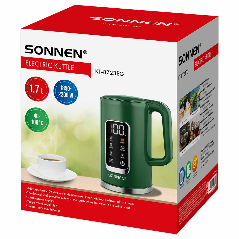 Чайник с терморегулятором и дисплеем, ДВОЙНЫЕ СТЕНКИ, SONNEN KT-8723EG, 1,7 л, 2200 Вт, изумрудный