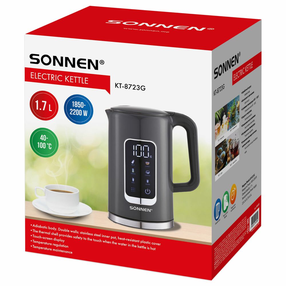 Чайник с терморегулятором и дисплеем, ДВОЙНЫЕ СТЕНКИ, SONNEN KT-8723G, 1,7 л, 2200 Вт, серый