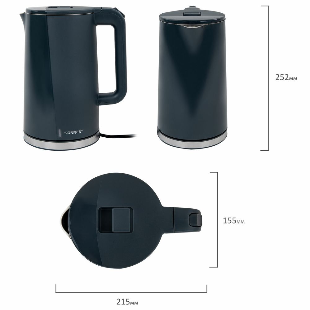 Чайник электрический с двойными стенками SONNEN KT-8718B, 1,7 л, 2200 Вт, графитовый