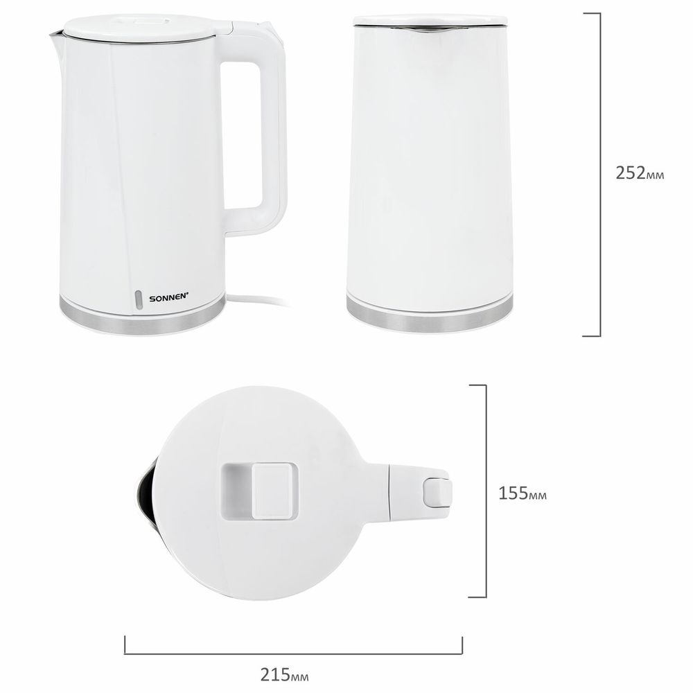 Чайник электрический с двойными стенками SONNEN KT-8718W, 1,7 л, 2200 Вт, белый