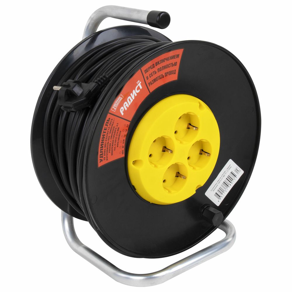 Удлинитель на катушке РБК16-270-005, 4 розетки с заземлением, 50 м, 3х1,5 мм, 2200 Вт