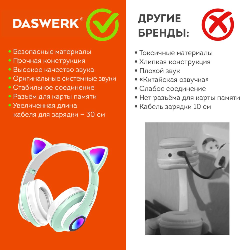 Наушники беспроводные игровые накладные, с ушками, светящиеся, мятные DASWERK 