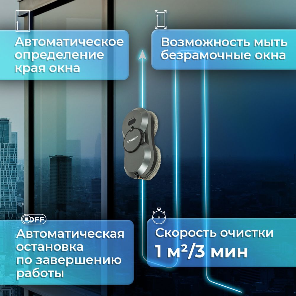 Робот-мойщик окон с автораспылением SONNEN Tech RWC-123 SPRAY, датчик от падения, 26 салфеток, пульт ДУ