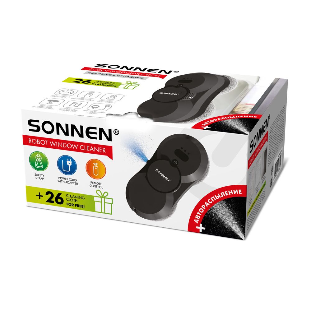 Робот-мойщик окон с автораспылением SONNEN Tech RWC-123 SPRAY, датчик от падения, 26 салфеток, пульт ДУ