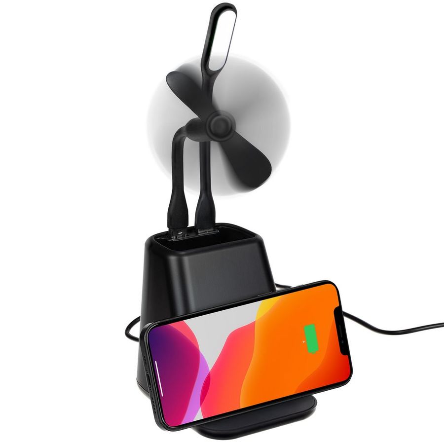 Настольный органайзер с зарядкой лампой вентилятором и подсветкой логотипа powerTower черный