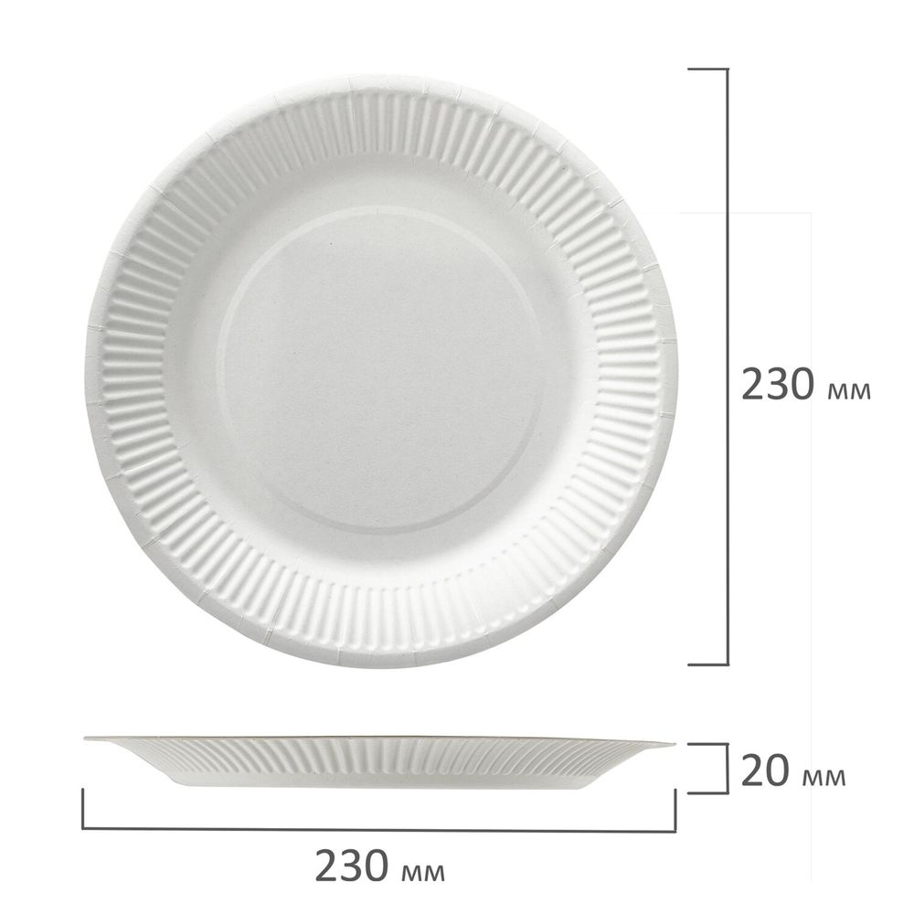 Тарелка одноразовая бумажная 230 мм, КОМПЛЕКТ 100 шт., БЮДЖЕТ, белая мелованная, LAIMA