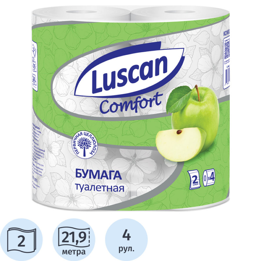 Бумага туалетная Luscan Comfort 2-сл, белая, аромат.Яблоко, 21.9 метров (4 рул/уп) 