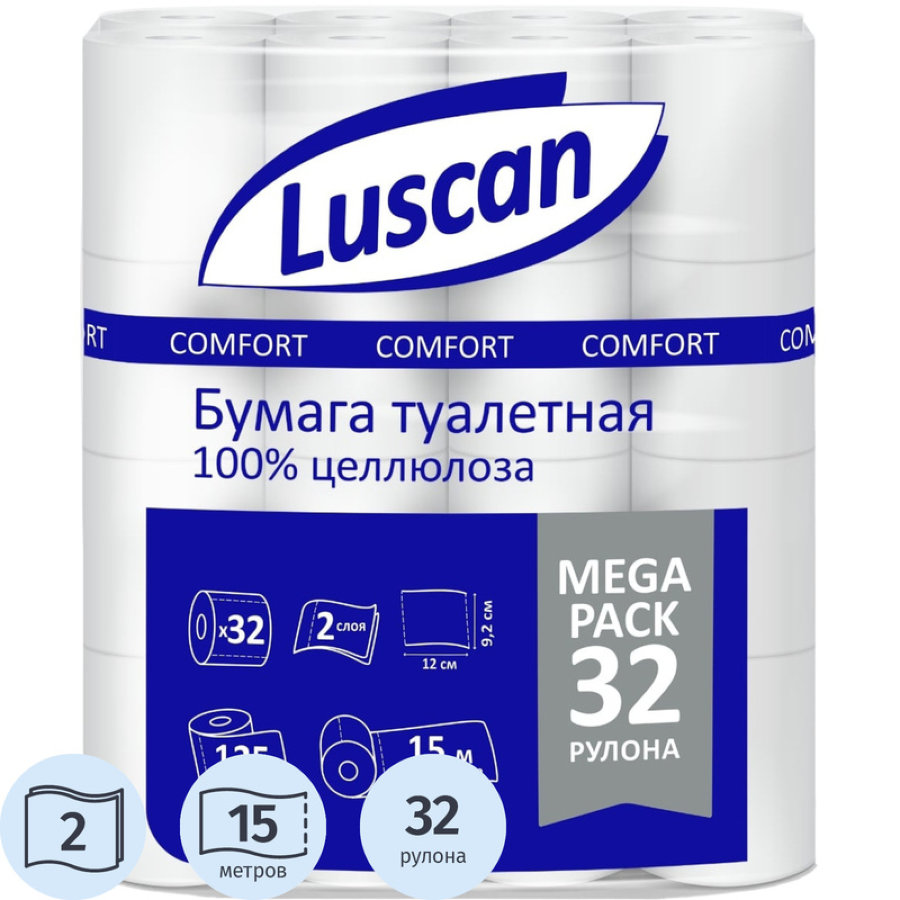 Бумага туалетная Luscan Comfort MegaPack 2-слойная белая (32 рулона в упаковке) 