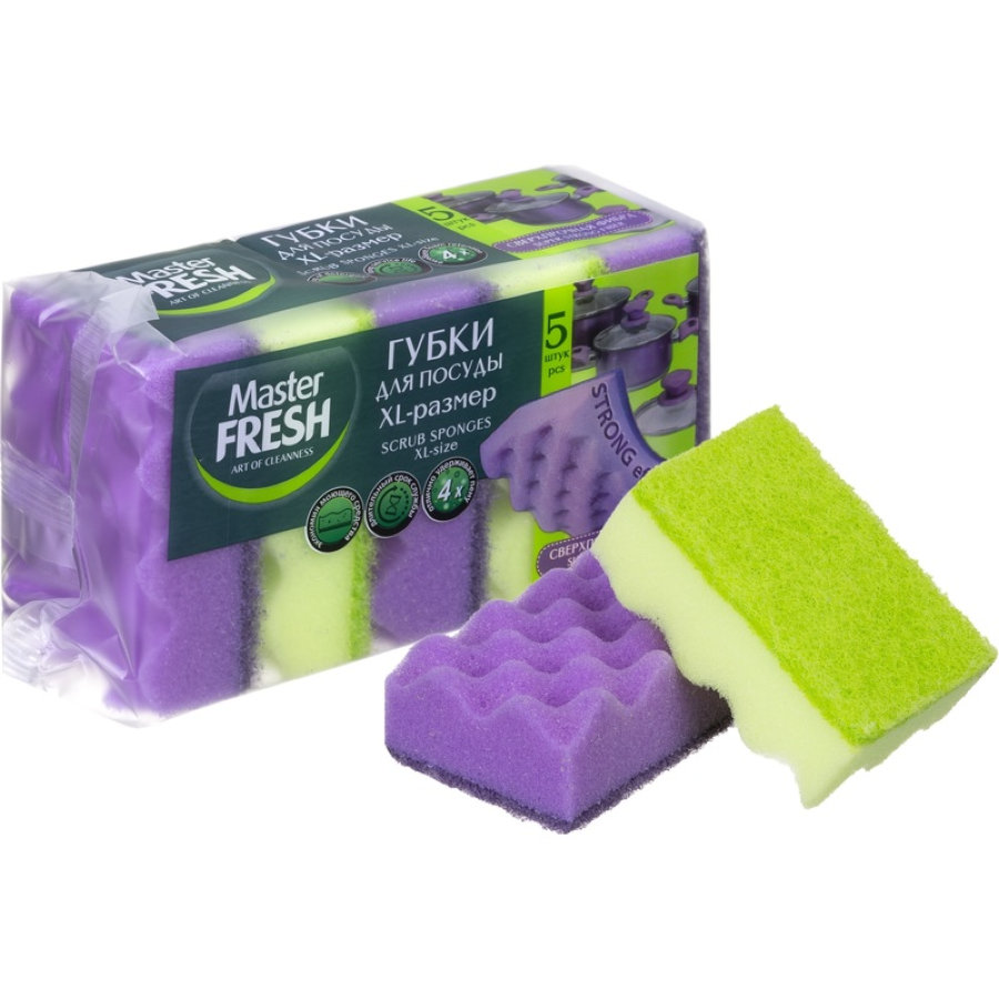 Губка для мытья посуды Master FRESH XL STRONG effect 95х65х35мм 5шт/уп 