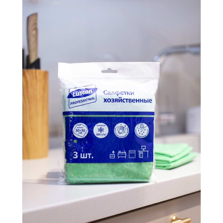 Салфетки хозяйственные Luscan Professional микрофибра 30х30 см 300 г/кв.м зеленые (3 шт/уп) 