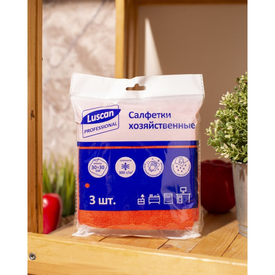 Салфетки хозяйственные Luscan Professional микрофибра 30х30 см 300 г/кв.м красные (3 шт/уп) 