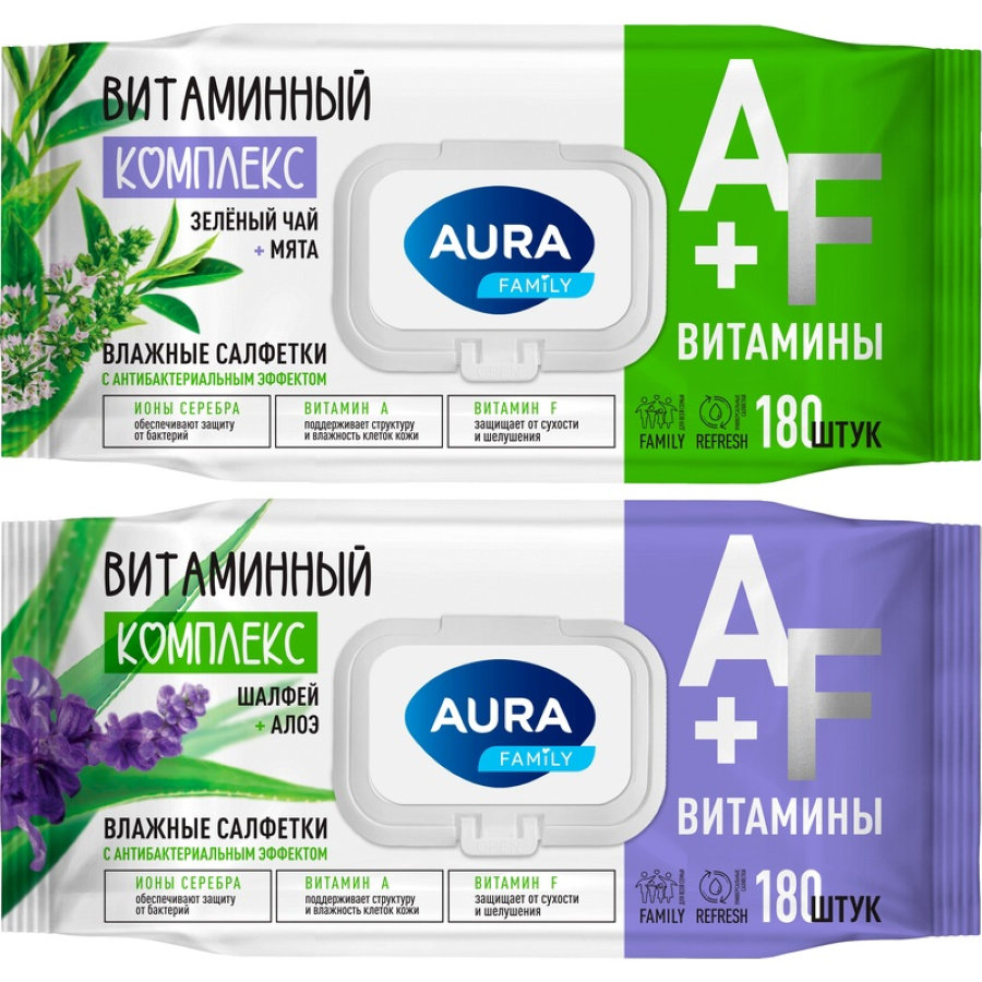 Влажные салфетки антибактериальные Aura Family 180 штук в упаковке