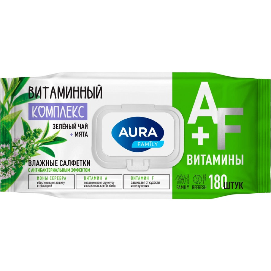 Влажные салфетки антибактериальные Aura Family 180 штук в упаковке