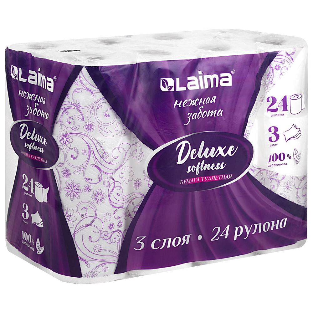 Бумага туалетная 3-х слойная, 24 рулона (24х16,5 м), LAIMA Deluxe, 100% целлюлоза