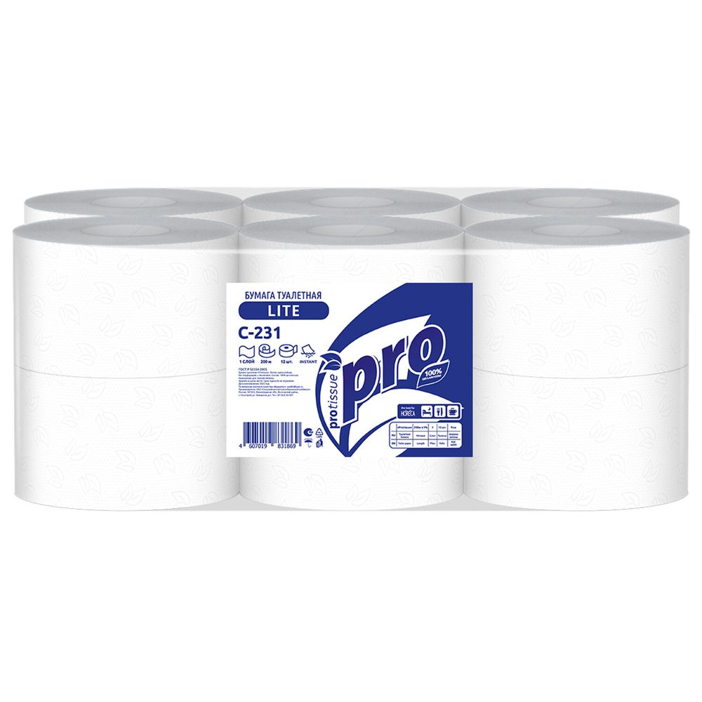 Бумага туалетная 200 метров, PROtissue (T2) LITE, 1-слойная, белая, КОМПЛЕКТ 12 рулонов