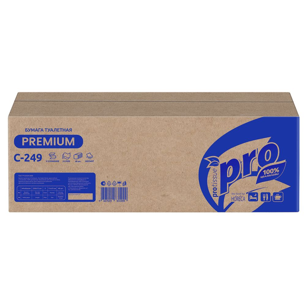 Бумага туалетная листовая 250 шт., PROtissue (T3) PREMIUM, 2-слойная, белая, 22,5х11 см, КОМПЛЕКТ 40 пачек