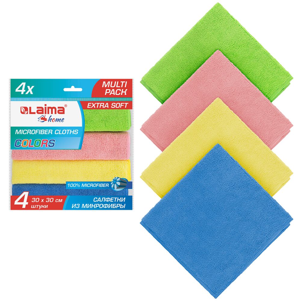 Салфетка из МИКРОФИБРЫ универсальная 30х30 см, КОМПЛЕКТ 4 шт., MULTI PRO COLOUR, 280 г/м2, LAIMA