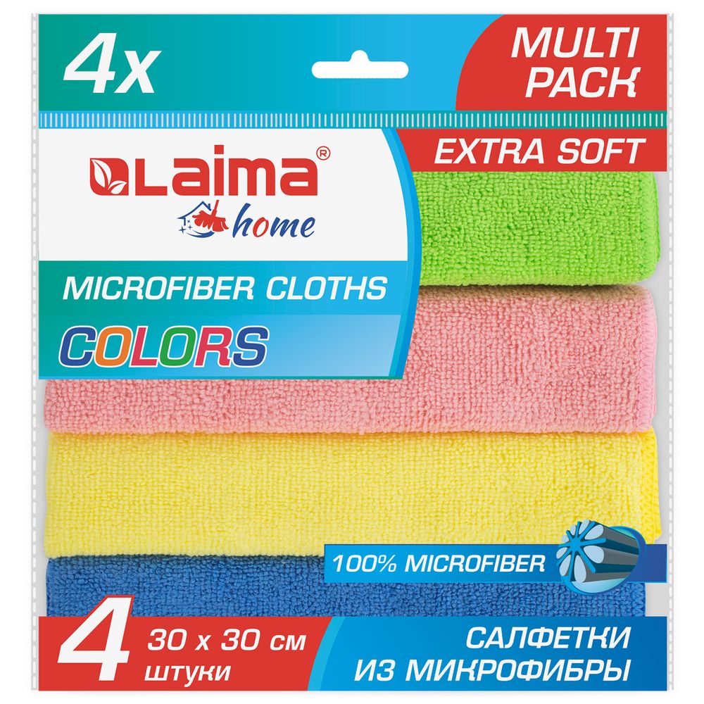 Салфетка из МИКРОФИБРЫ универсальная 30х30 см, КОМПЛЕКТ 4 шт., MULTI PRO COLOUR, 280 г/м2, LAIMA