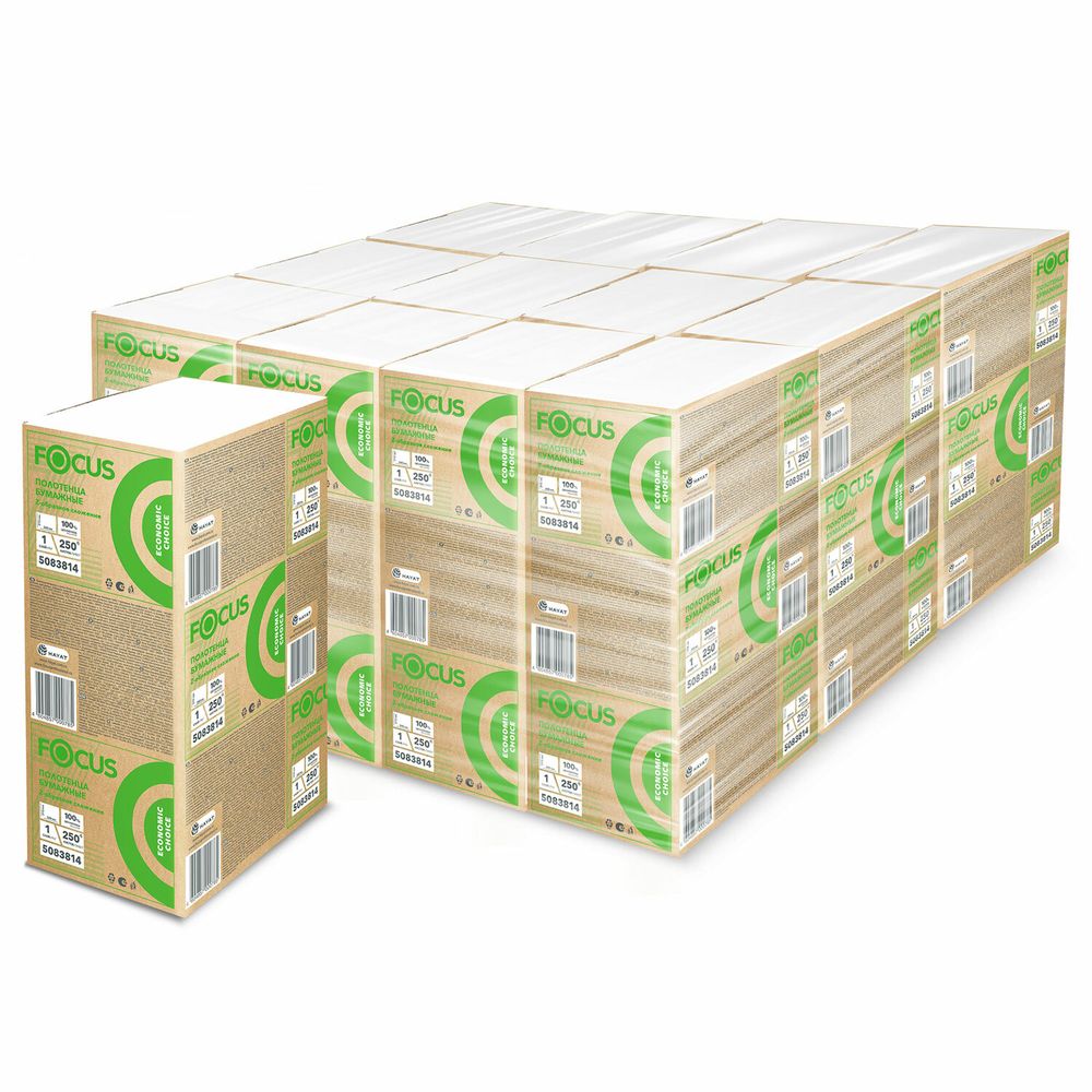 Полотенца бумажные 250 шт. FOCUS (Система H2) Eco, 1-слойные, белые, КОМПЛЕКТ 12 пачек, 24х21,5, Z-сложение