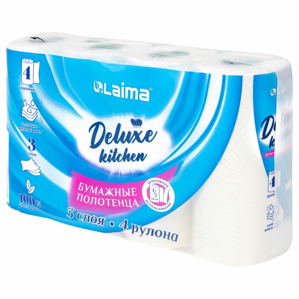 Полотенца бумажные 3-х слойные, 4 рулона по 11 м (отрыв 1/2 листа), LAIMA Deluxe, 100% целлюлоза