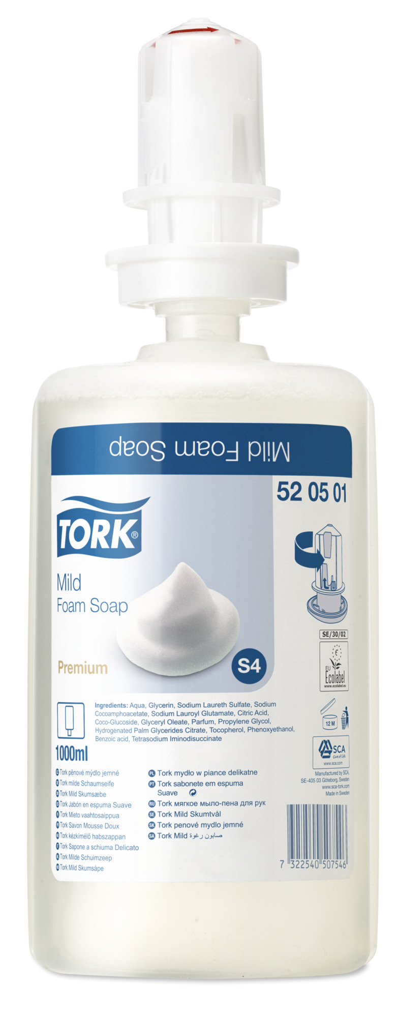 Мыло жидкое картридж Tork S4 Premium, мыло-пена мягкое, 1л 520501