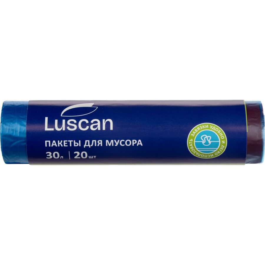 Мешки для мусора на 30 л с завязками Luscan синие (ПНД, 25 мкм, в рулоне 20 штук, 50x60 см) 