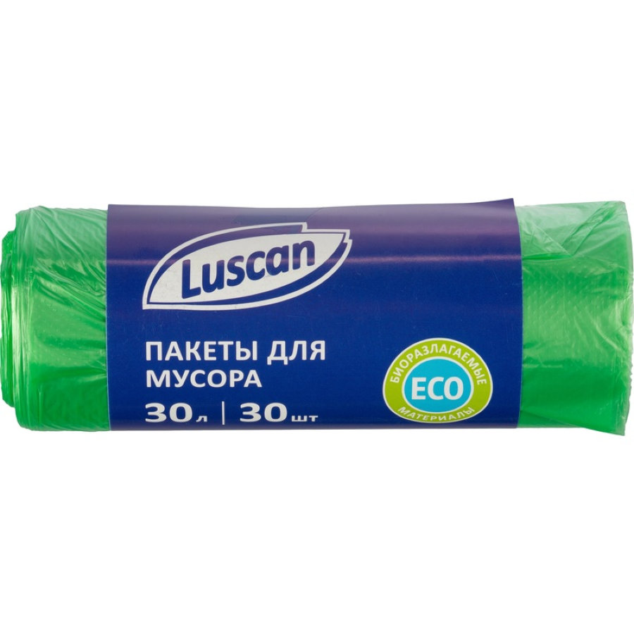 Мешки для мусора на 30 литров Luscan Bio зеленые (ПНД, 10 мкм, в рулоне 30 штук, 50x60 см) 