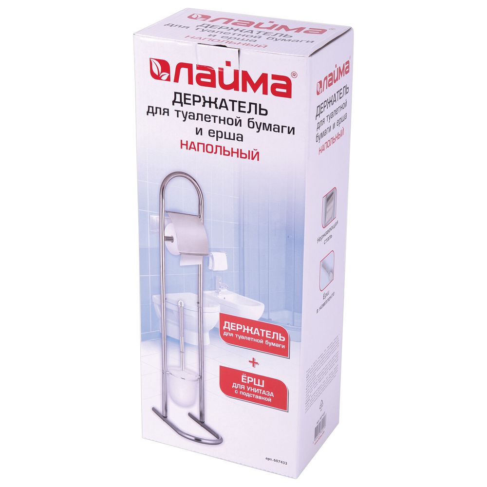 Стойка напольная ерш с подставкой + держатель туалетной бумаги, сталь/пластик, зеркальный, LAIMA