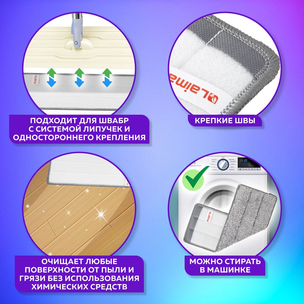 Насадки МОП для швабры (кармашки с 1-й стороны) КОМПЛЕКТ 2 шт., микрофибра, 33х12,5 см, LAIMA
