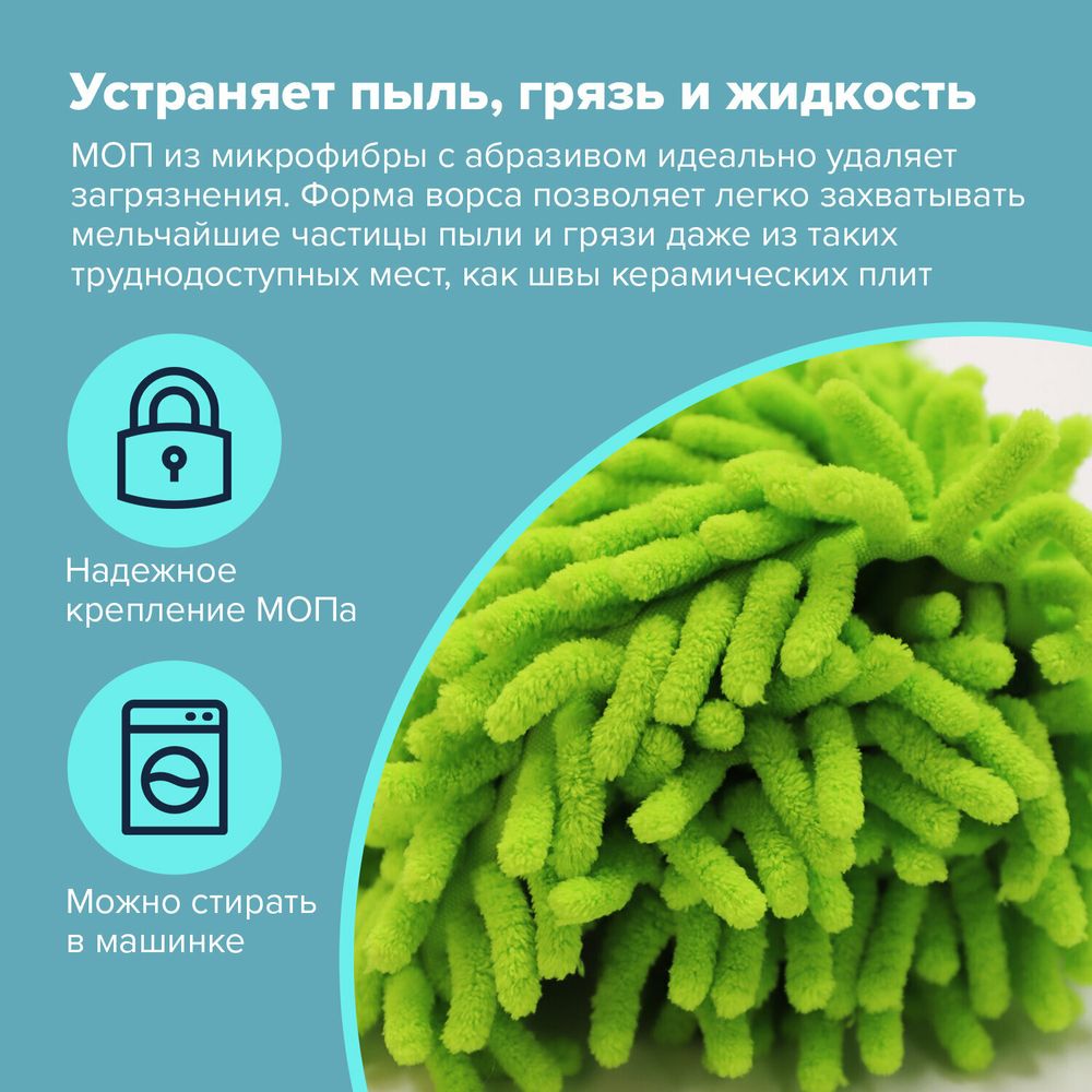 Швабра с флаундером 40 см, черенок 110 см евро, насадка МОП микрофибра СИНЕЛЬ, индивидуальная упаковка пакет, ЛЮБАША