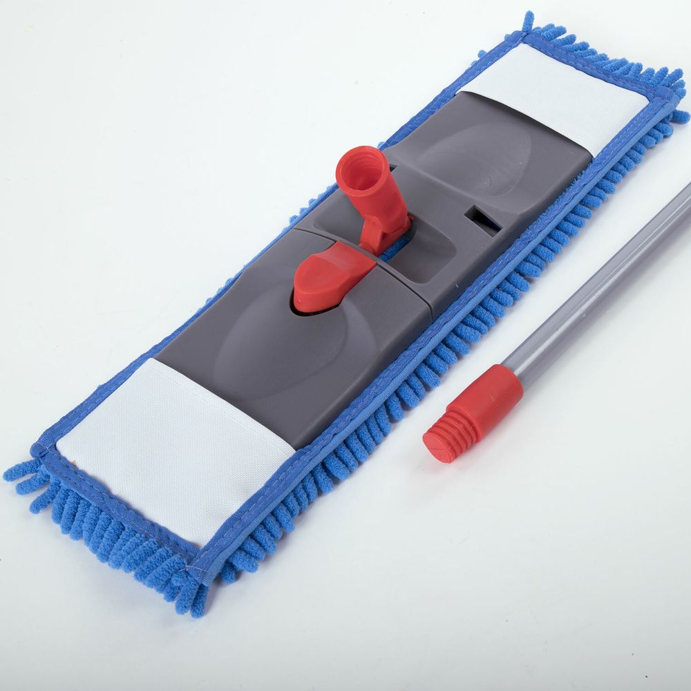 Швабра с флаундером 40 см, черенок 80-120 см, еврорезьба, насадка МОП микрофибра СИНЕЛЬ, индивидуальная упаковка пакет, LAIMA