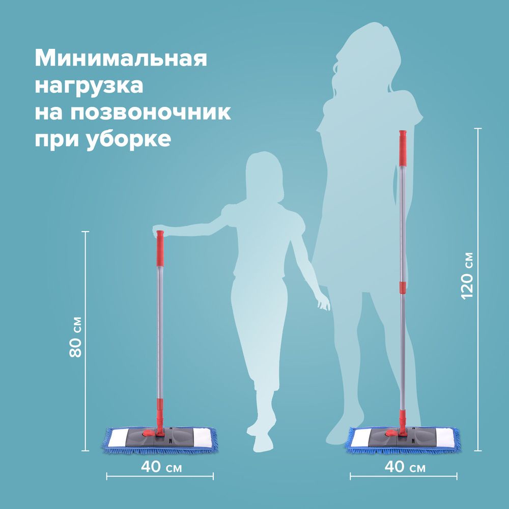 Швабра с флаундером 40 см, черенок 80-120 см, еврорезьба, насадка МОП микрофибра СИНЕЛЬ, индивидуальная упаковка пакет, LAIMA