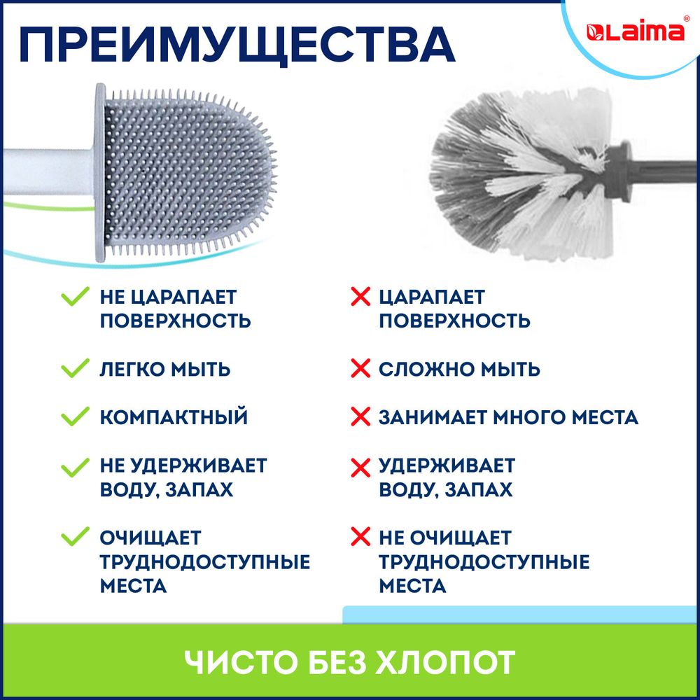Ершик для унитаза силиконовый FLAT TYPE (плоский) напольный / настенный с креплением, LAIMA