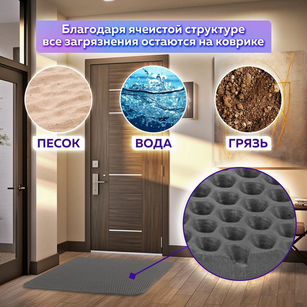 Коврик EVA / ЭВА универсальный 50х67см ячеистый (СОТЫ) применим для сушки посуды, кухни, ванной, прихожей, животных, цвет СЕРЫЙ LAIM