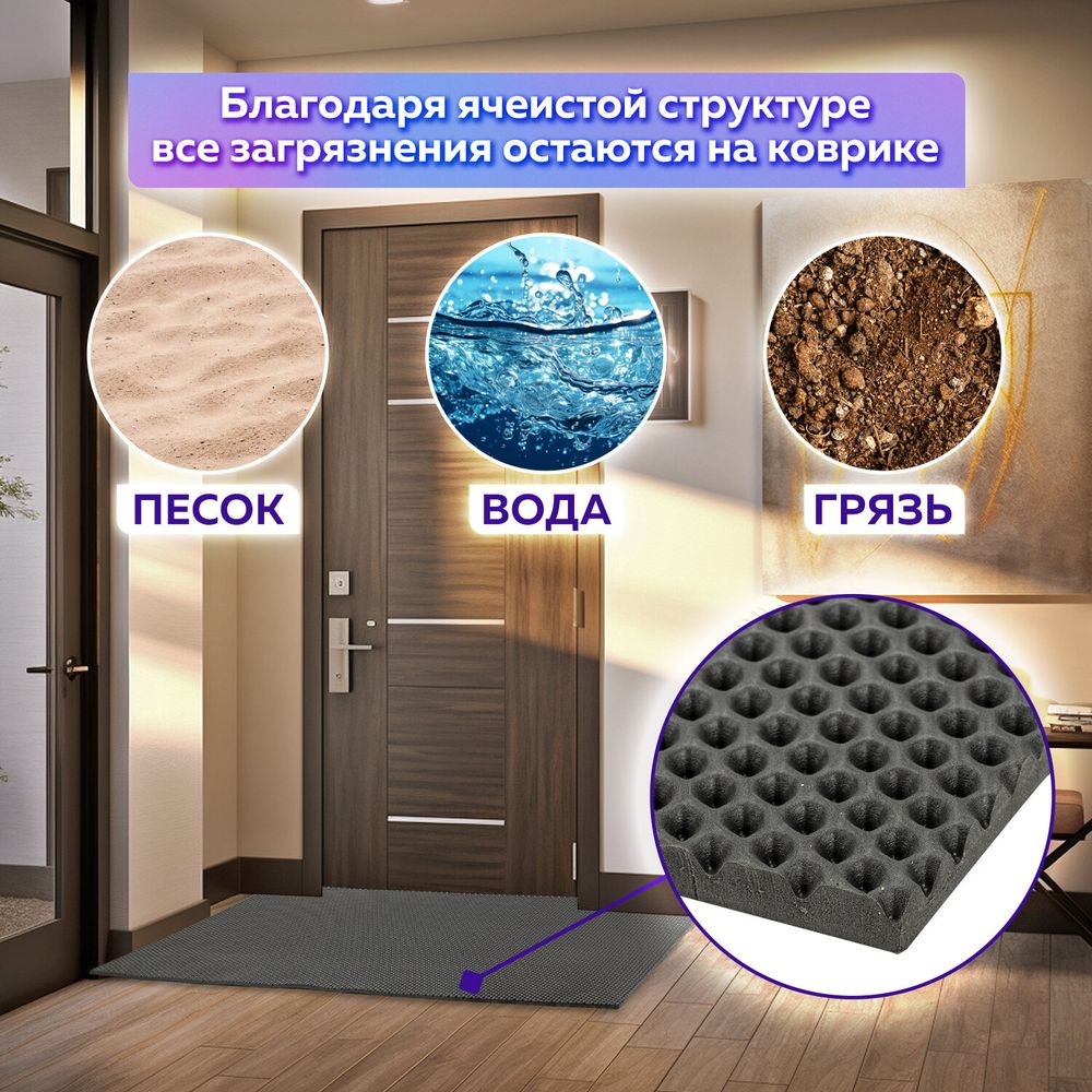 Коврик EVA / ЭВА универсальный 68х120 см ячеистый (СОТЫ) применим для кухни, ванной, прихожей, животных, авто, цвет СЕРЫЙ LAIMA
