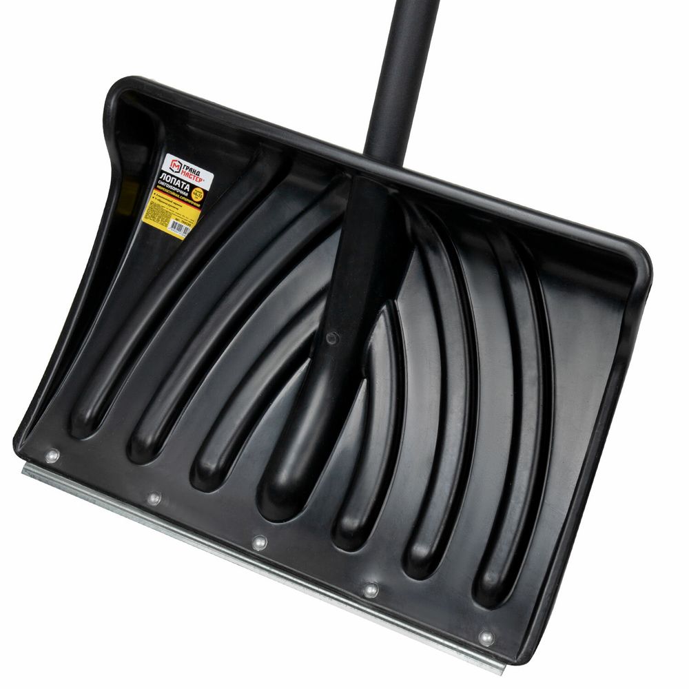 Лопата снеговая 46х33см "КРЕПЫШ" ребра жесткости, планка на клепках СУПЕРПРОЧНАЯ алюминиевый черенок с V-ручкой, ЧЕРНАЯ, ГРАНДМАСТЕР