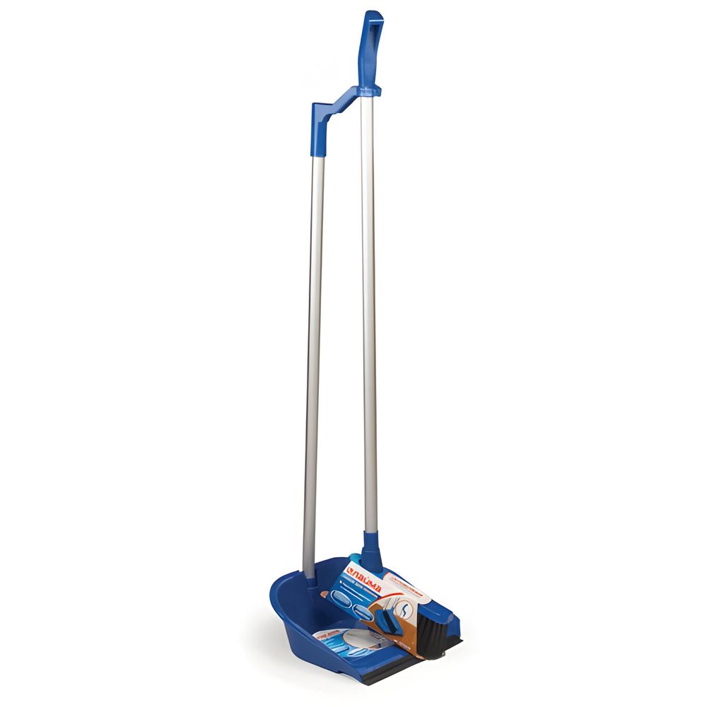 Совок для мусора + щетка, пластик, резиновая кромка, алюминиевые рукоятки 70 см, синий, LAIMA