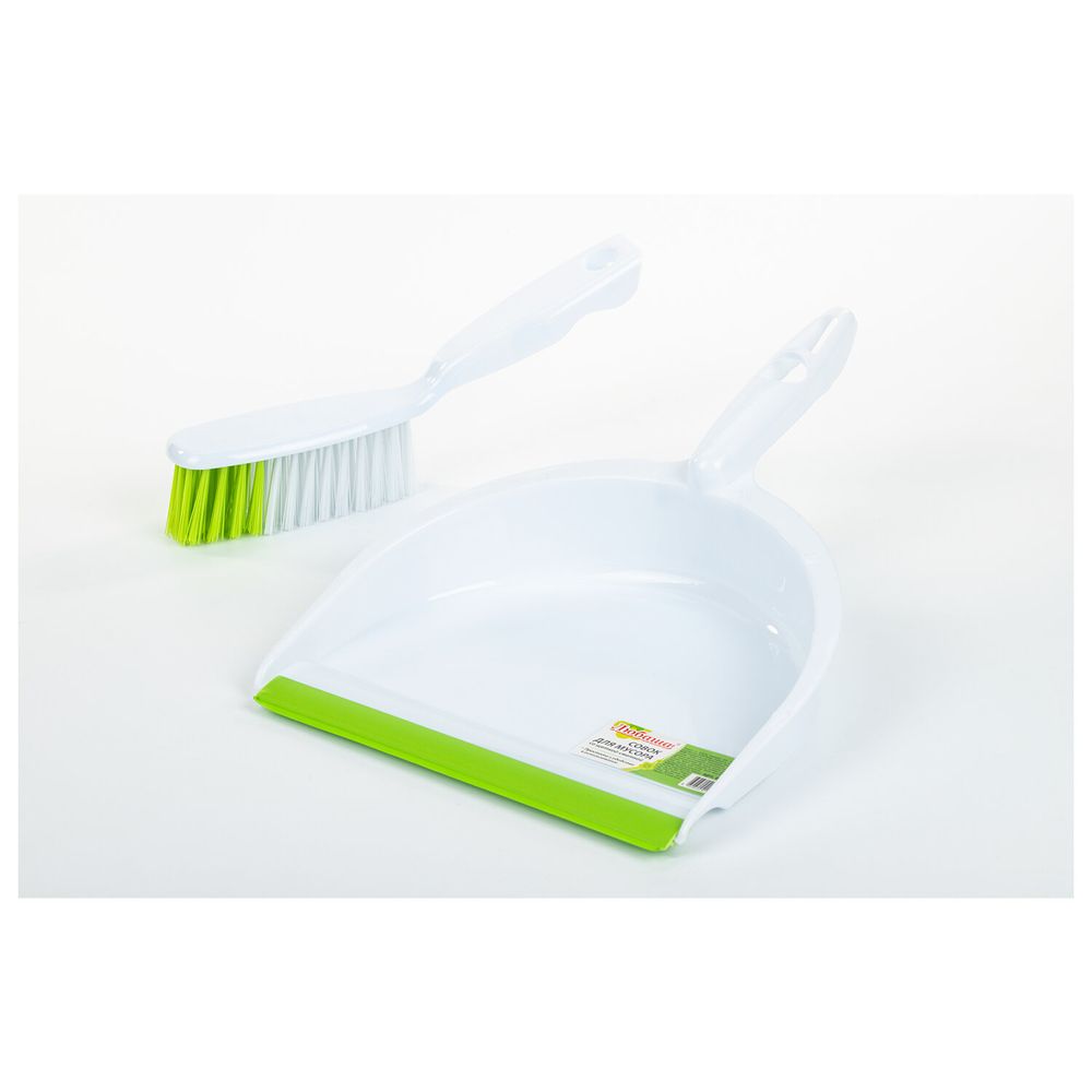 Совок для мусора + щетка, пластик, резиновая кромка, зелено-белый, ЛЮБАША