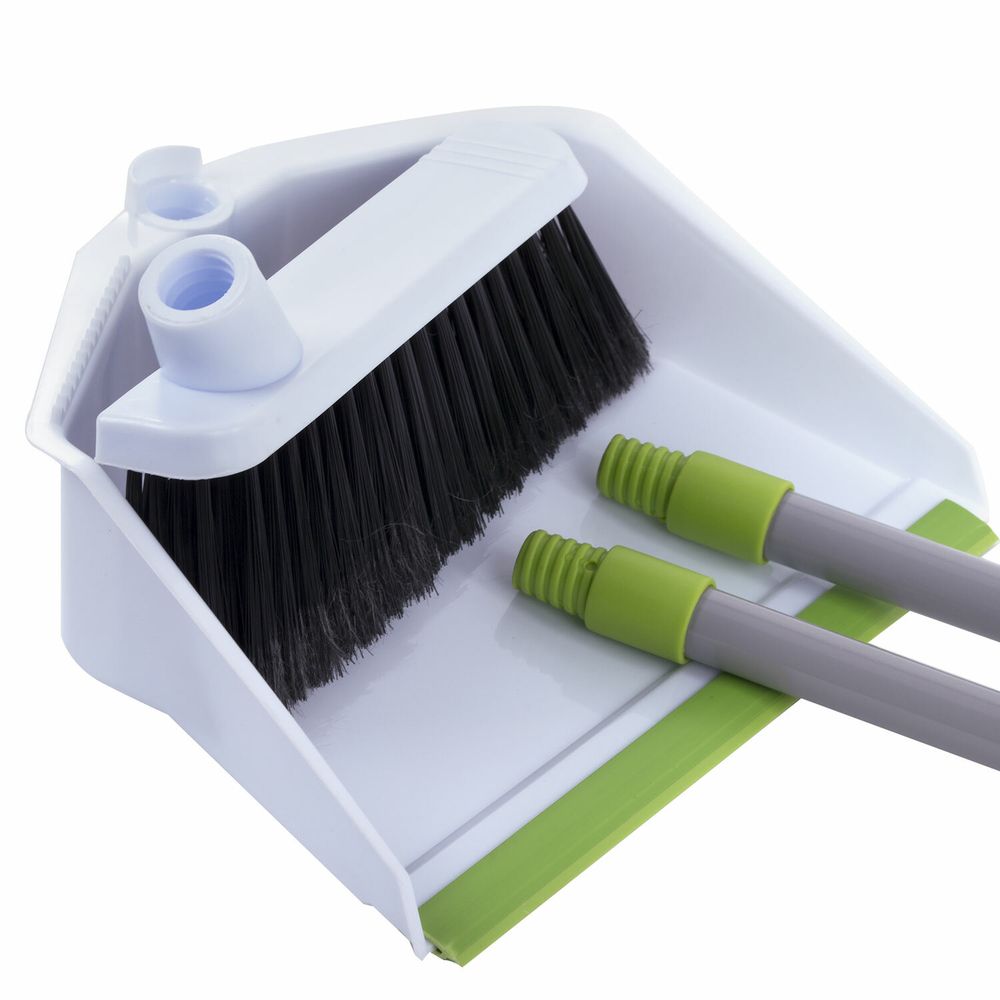 Совок для мусора + щетка, рукоятки 80 см с резьбой, пластик, зелено-белый, "ЛЕНИВКА", ЛЮБАША