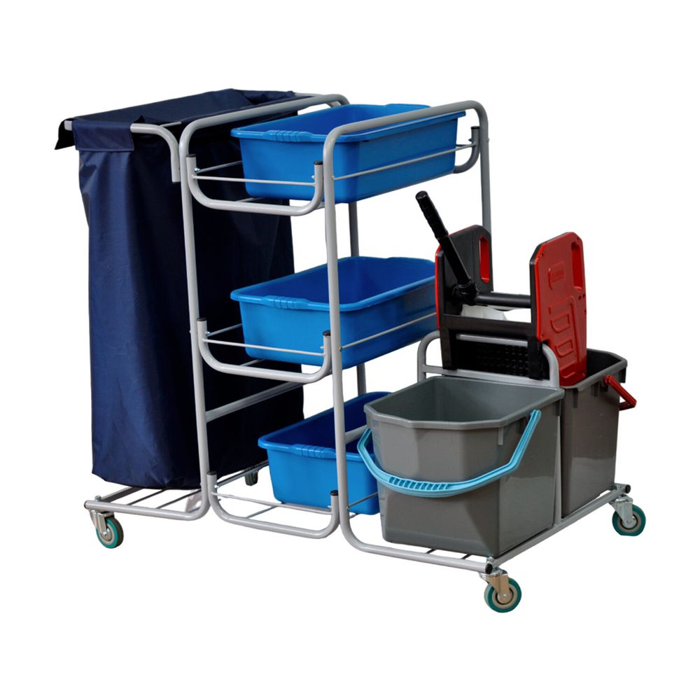 Тележка уборочная Eco-Force МНОГОФУНКЦИОНАЛЬНАЯ MEGA 2 ведра по 25 л, отжим, 3 поддона, держатель и основание для мешка, мешок