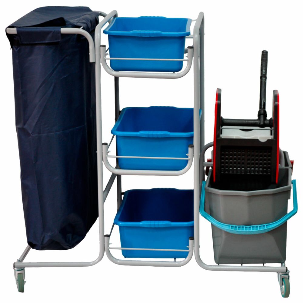 Тележка уборочная Eco-Force МНОГОФУНКЦИОНАЛЬНАЯ MEGA 2 ведра по 25 л, отжим, 3 поддона, держатель и основание для мешка, мешок