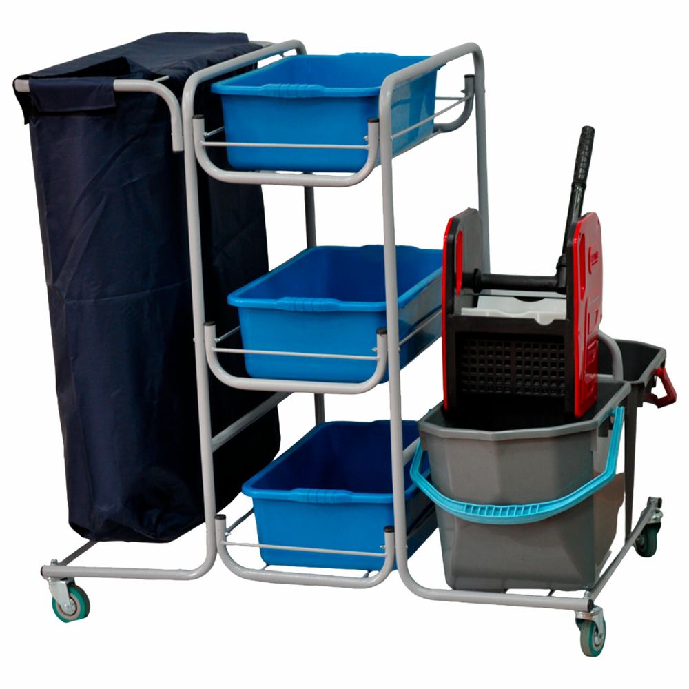 Тележка уборочная Eco-Force МНОГОФУНКЦИОНАЛЬНАЯ MEGA 2 ведра по 25 л, отжим, 3 поддона, держатель и основание для мешка, мешок