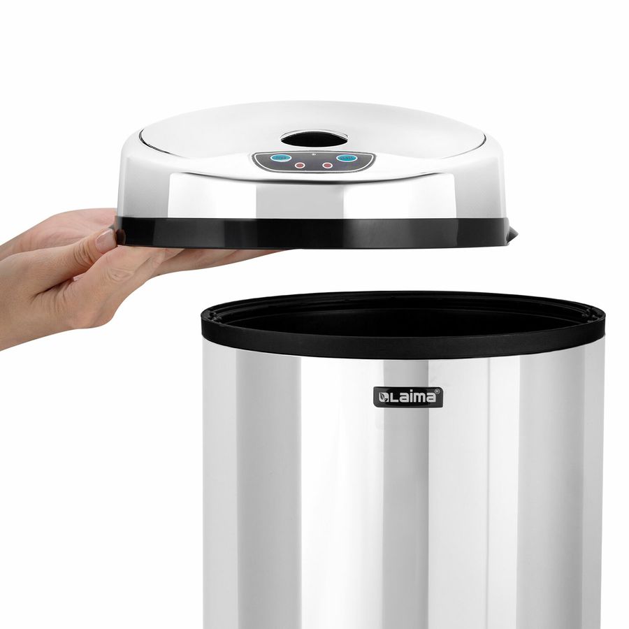 Ведро для мусора СЕНСОРНОЕ 12 л, нержавеющая сталь, зеркальная крышка, питание от 4-х батареек AA (не входят в комплект), LAIMA