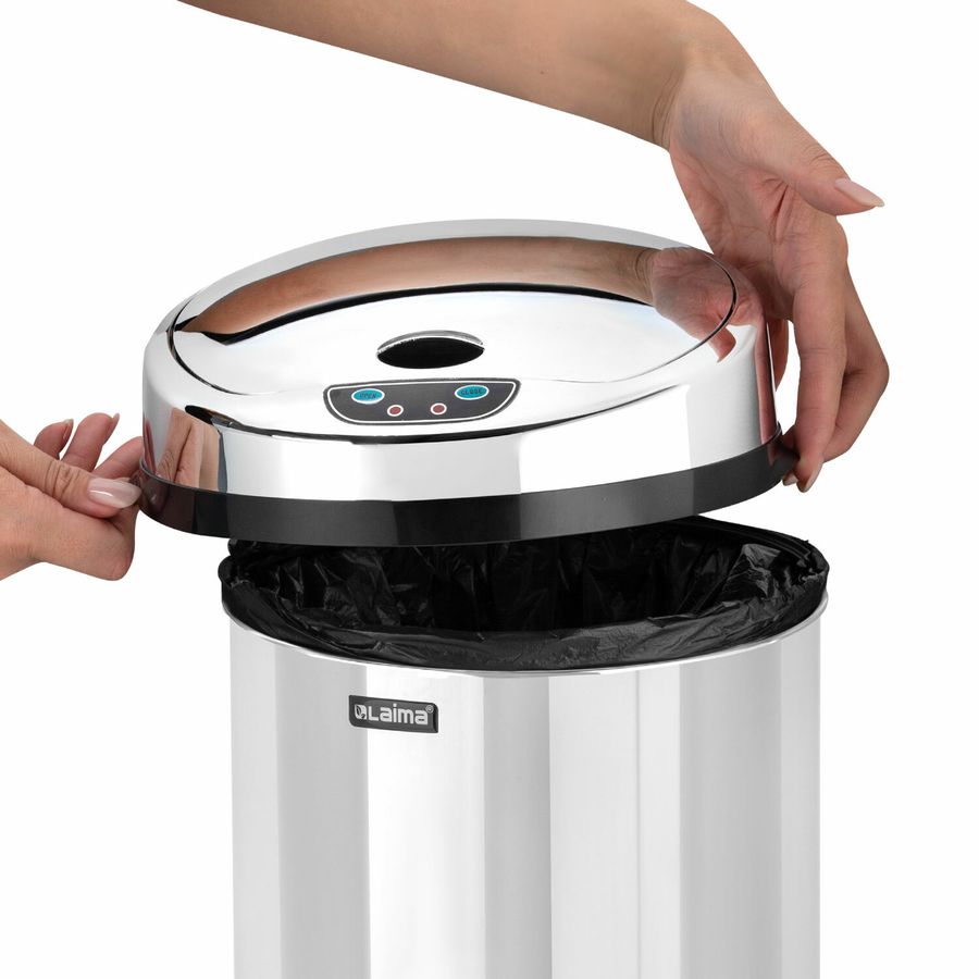 Ведро для мусора СЕНСОРНОЕ 12 л, нержавеющая сталь, зеркальная крышка, питание от 4-х батареек AA (не входят в комплект), LAIMA