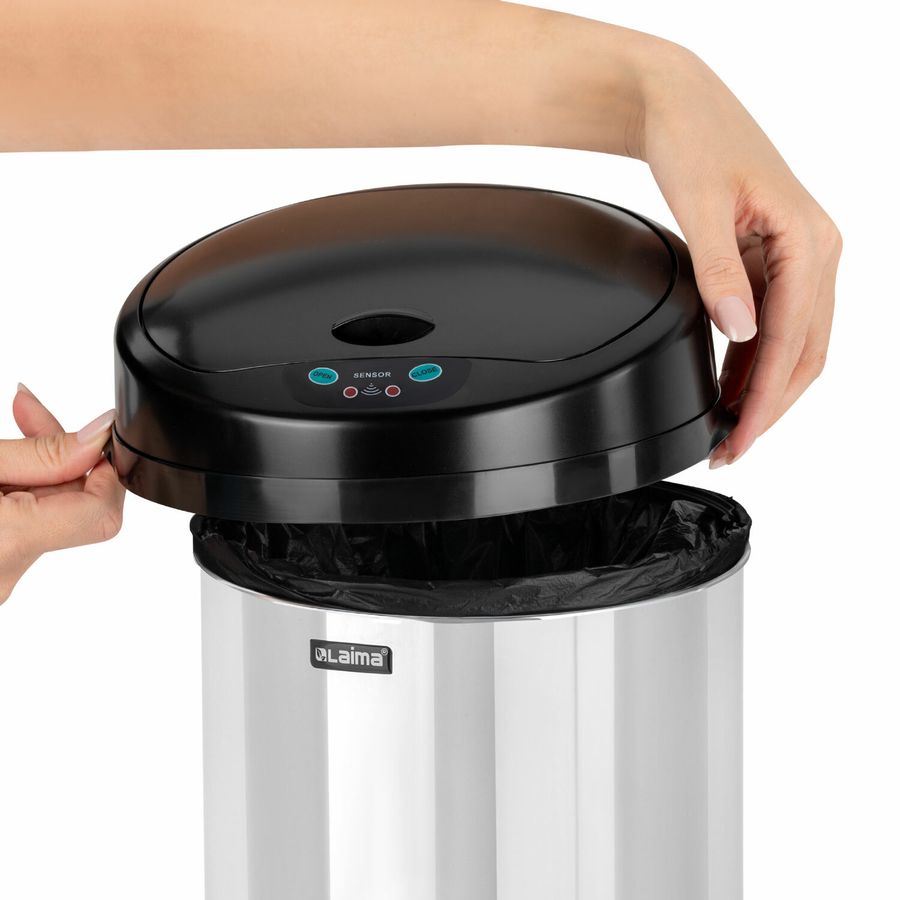 Ведро для мусора СЕНСОРНОЕ 12 л, нержавеющая сталь, черная матовая крышка, питание от 4-х батареек AA (не входят в комплект), LAIMA