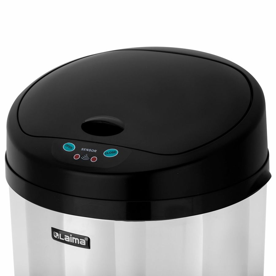Ведро для мусора СЕНСОРНОЕ 12 л, нержавеющая сталь, черная матовая крышка, питание от 4-х батареек AA (не входят в комплект), LAIMA