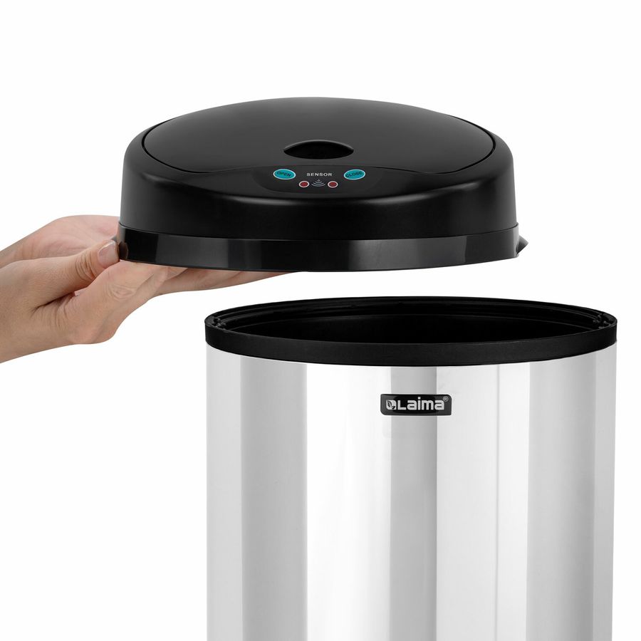 Ведро для мусора СЕНСОРНОЕ 12 л, нержавеющая сталь, черная матовая крышка, питание от 4-х батареек AA (не входят в комплект), LAIMA