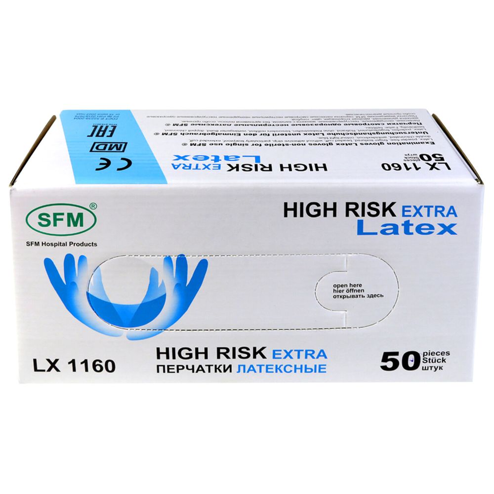 Перчатки латексные смотровые сверхпрочные SFM HIGH RISK LX 1160, 25 пар (50 шт.), L (большой)