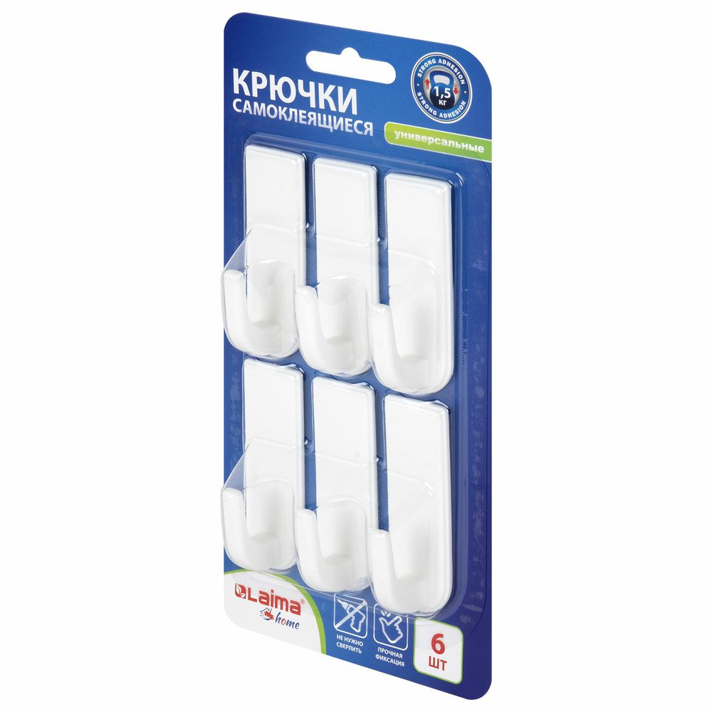 Крючки самоклеящиеся универсальные 6,6х2,1 см, КОМПЛЕКТ 6 шт., белые, LAIMA Home