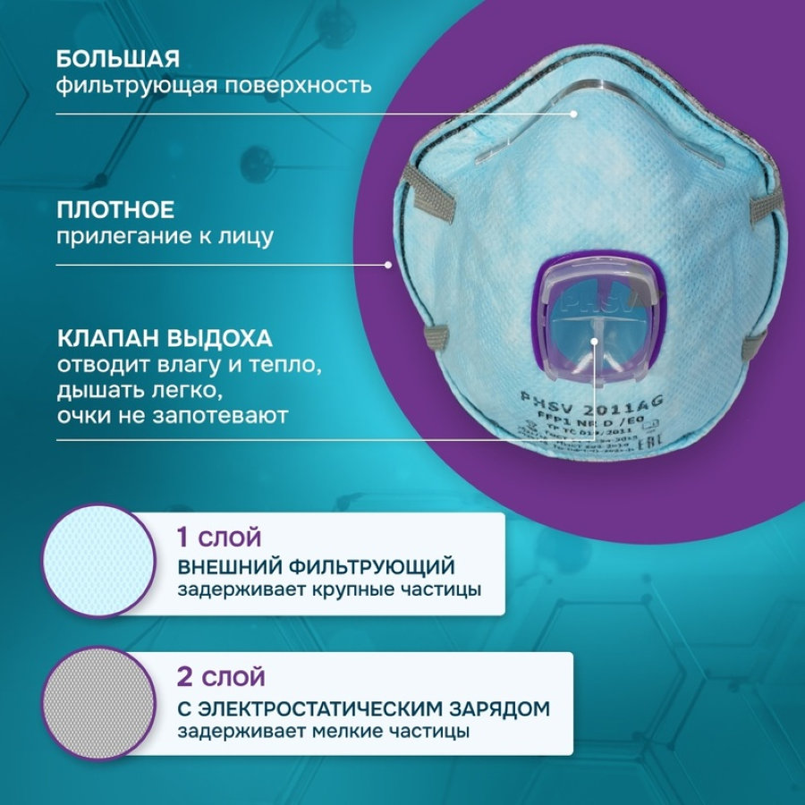 Респиратор PHSV 2011AG противоаэрозольный с угольным фильтром и с клапаном FFP1 